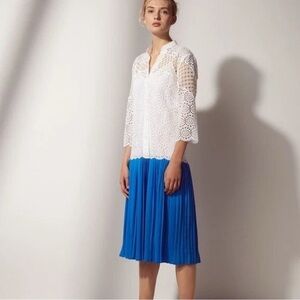 Sandro Maca Eyelet Royal Blue Pleated Midi Skirt Preppy Cocktail Coastal Large